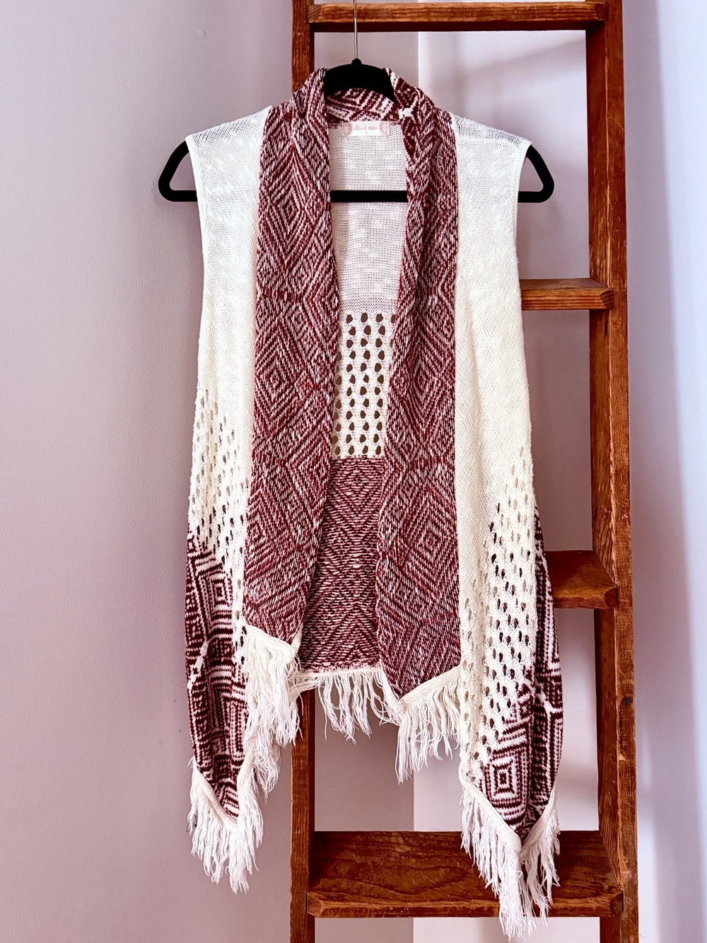Altar’d State Burgundy Off White Open Front Crochet Cardigan Sweater Poncho S